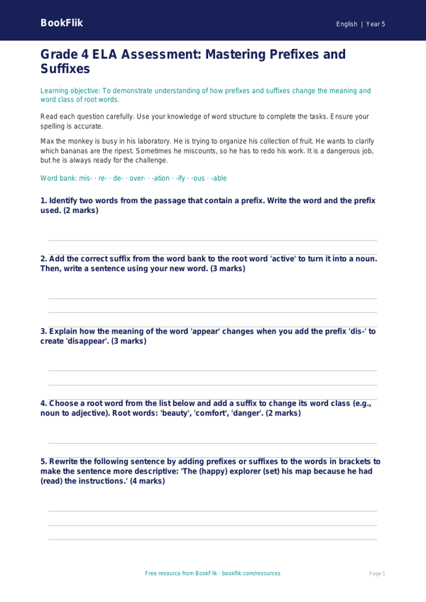 Free Prefixes And Suffixes Assessment | Grade 4 | ELA | BookFlik worksheet preview — English Prefixes And Suffixes