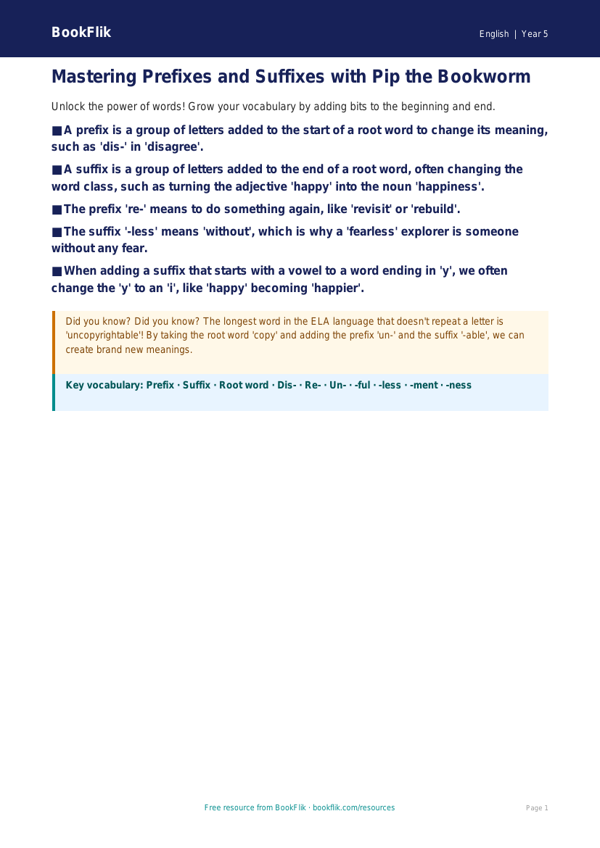 Free Prefixes And Suffixes Poster | Grade 4 | ELA | BookFlik worksheet preview — English Prefixes And Suffixes