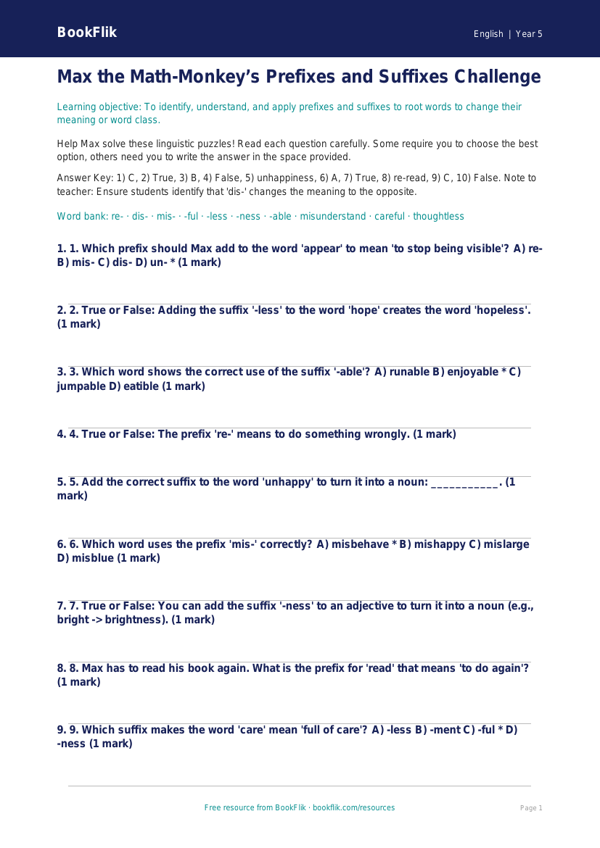 Free Prefixes And Suffixes Quiz | Grade 4 | ELA | BookFlik worksheet preview — English Prefixes And Suffixes