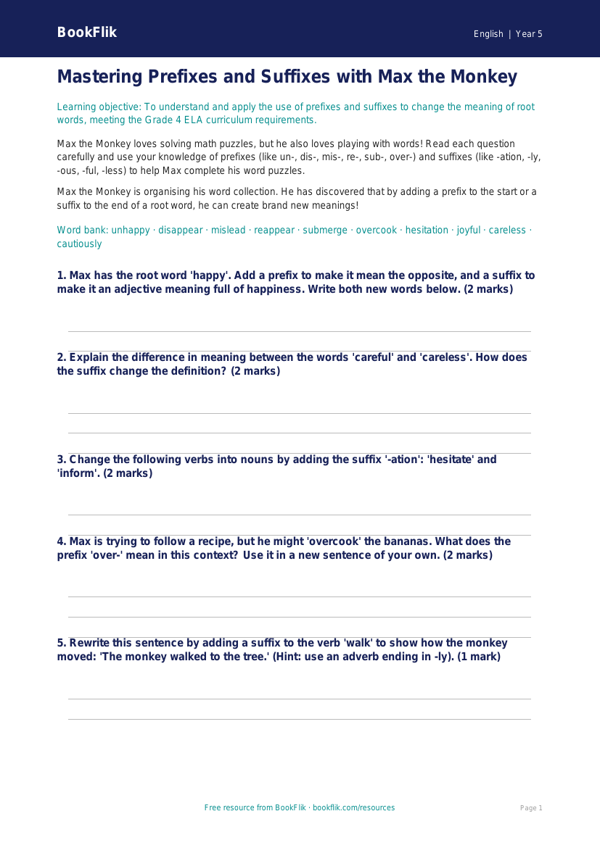 Free Prefixes And Suffixes Worksheet | Grade 4 | ELA | BookFlik worksheet preview — English Prefixes And Suffixes