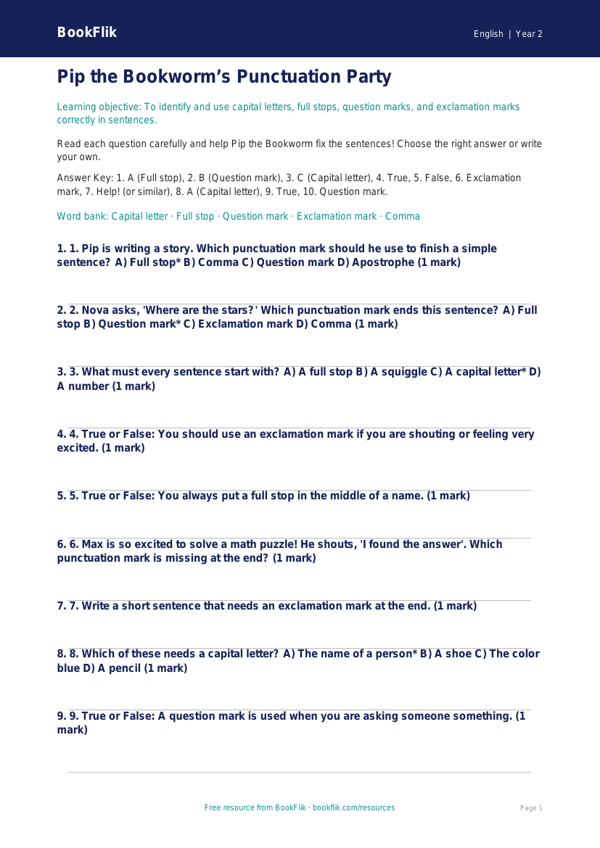 Free Punctuation Quiz | Grade 1 | ELA | BookFlik worksheet preview — English Punctuation