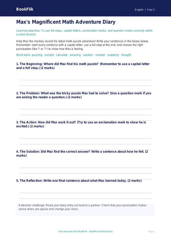 Free Punctuation Template | Grade 1 | ELA | BookFlik worksheet preview — English Punctuation