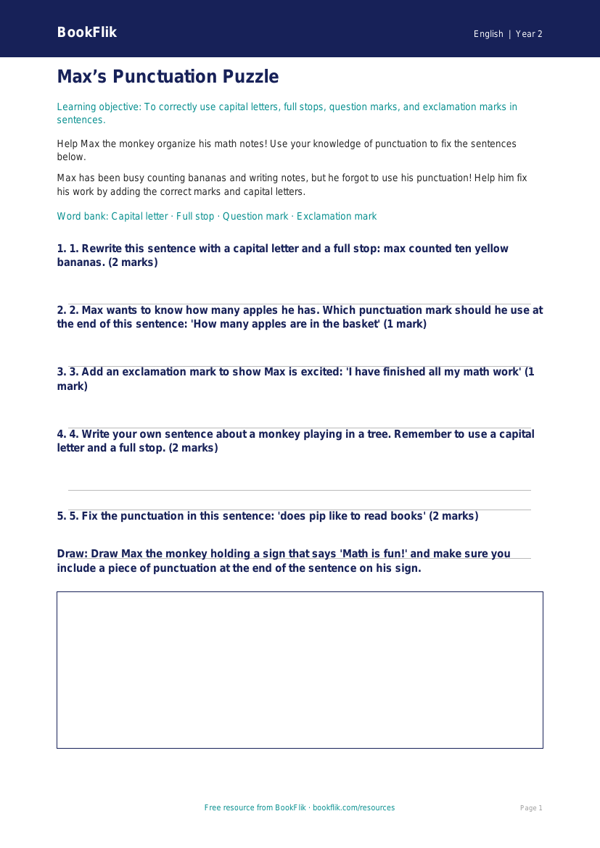 Free Punctuation Worksheet | Grade 1 | ELA | BookFlik worksheet preview — English Punctuation