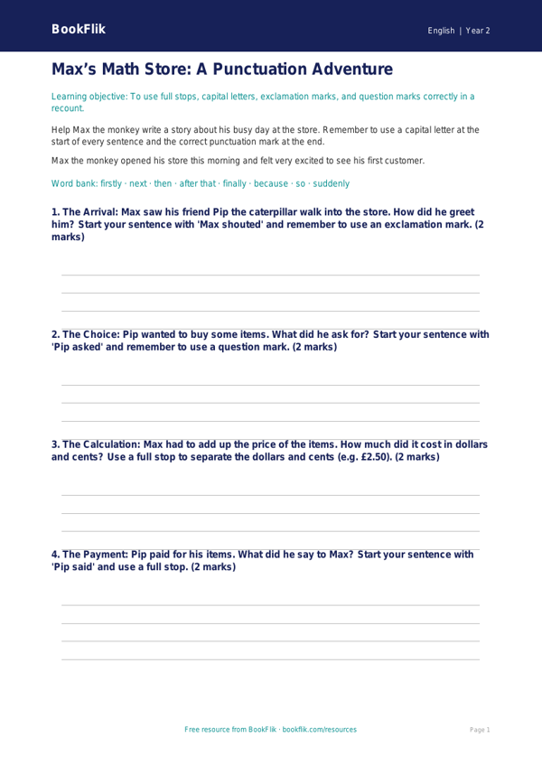 Free Punctuation Writing Frame | Grade 1 | ELA | BookFlik worksheet preview — English Punctuation
