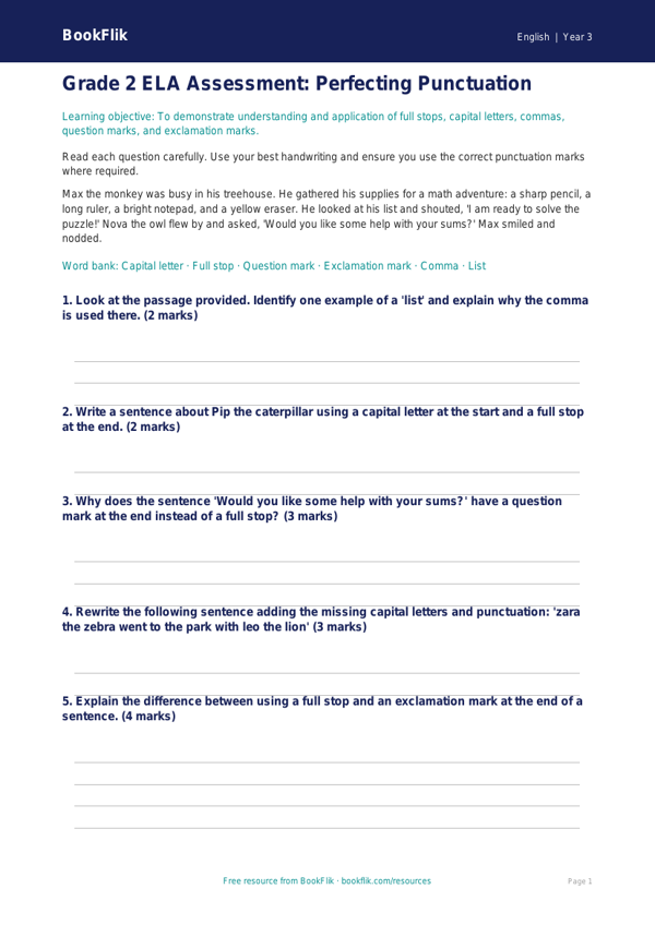 Free Punctuation Assessment | Grade 2 | ELA | BookFlik worksheet preview — English Punctuation
