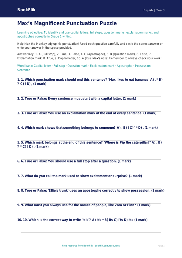 Free Punctuation Quiz | Grade 2 | ELA | BookFlik worksheet preview — English Punctuation