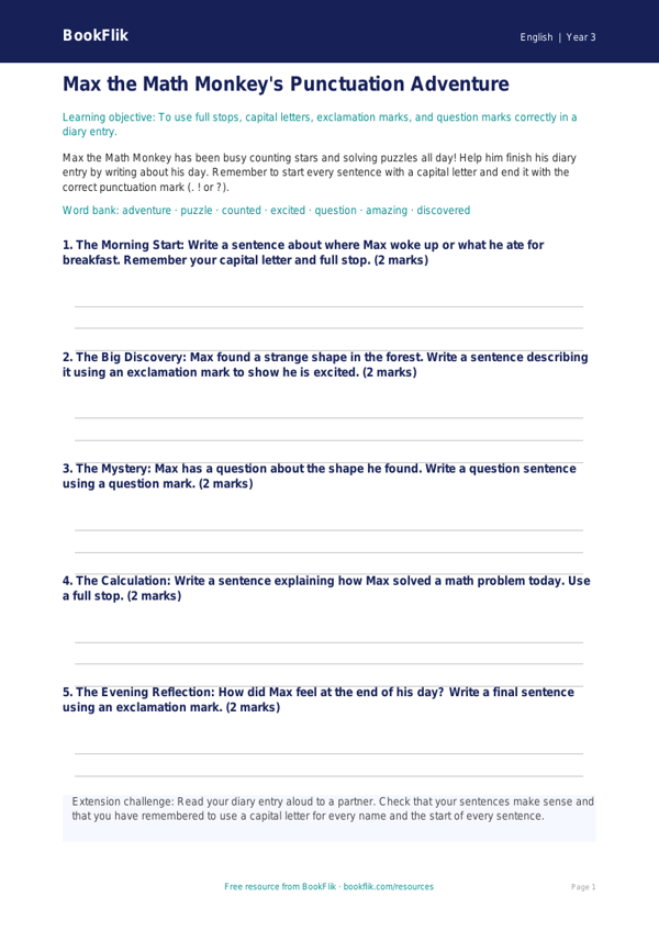 Free Punctuation Template | Grade 2 | ELA | BookFlik worksheet preview — English Punctuation