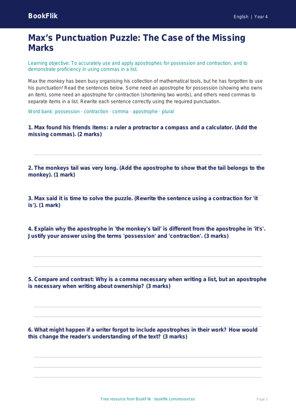 Free Punctuation Activity Sheet | Grade 3 | ELA | BookFlik worksheet preview — English Punctuation