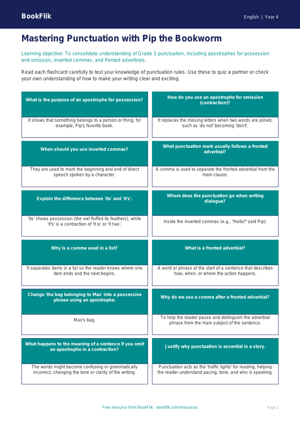 Free Punctuation Flashcards | Grade 3 | ELA | BookFlik worksheet preview — English Punctuation