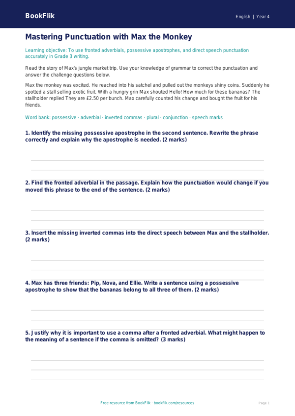 Free Punctuation Track Sheet | Grade 3 | ELA | BookFlik worksheet preview — English Punctuation