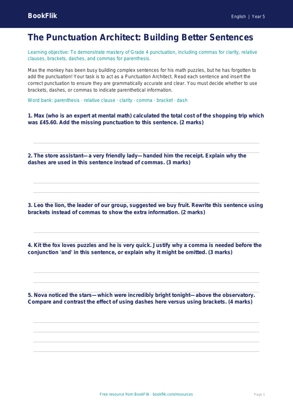 Free Punctuation Activity Sheet | Grade 4 | ELA | BookFlik worksheet preview — English Punctuation