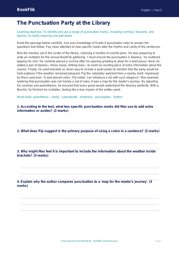 Free Punctuation Comprehension | Grade 4 | ELA | BookFlik worksheet preview — English Punctuation