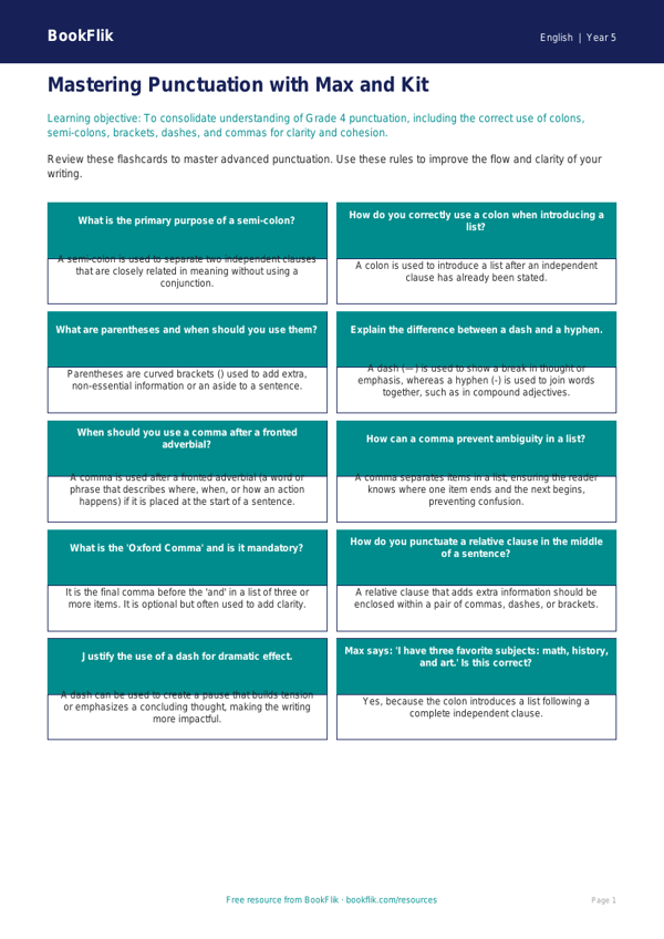 Free Punctuation Flashcards | Grade 4 | ELA | BookFlik worksheet preview — English Punctuation