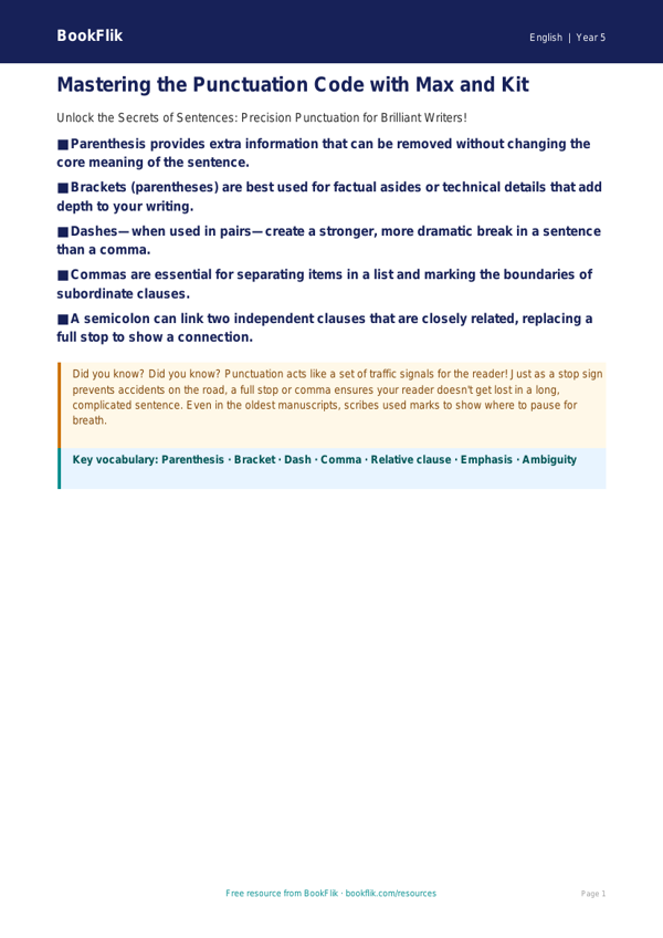 Free Punctuation Poster | Grade 4 | ELA | BookFlik worksheet preview — English Punctuation
