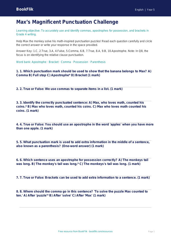Free Punctuation Quiz | Grade 4 | ELA | BookFlik worksheet preview — English Punctuation