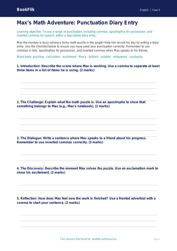 Free Punctuation Template | Grade 4 | ELA | BookFlik worksheet preview — English Punctuation