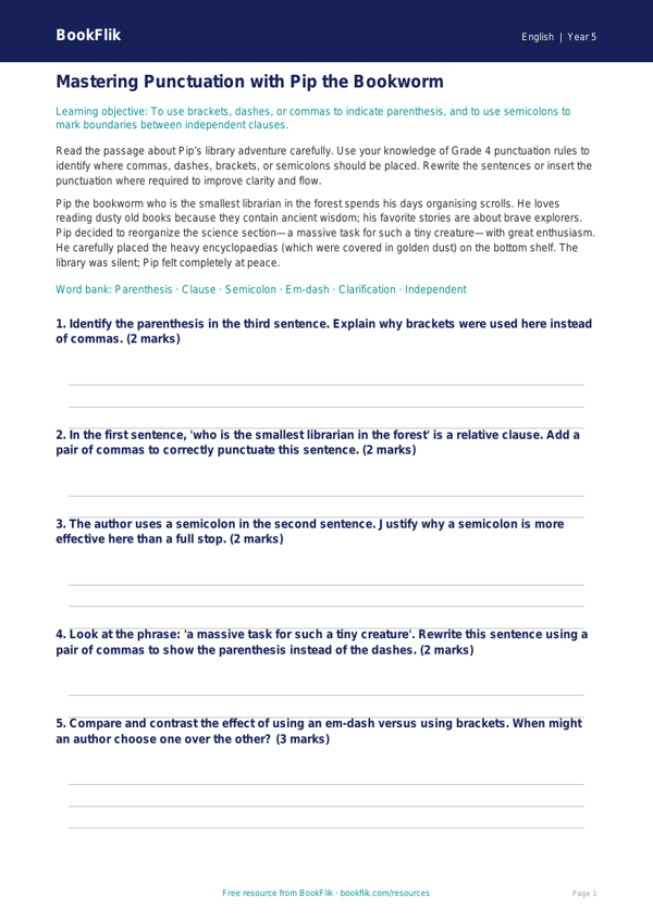 Free Punctuation Track Sheet | Grade 4 | ELA | BookFlik worksheet preview — English Punctuation
