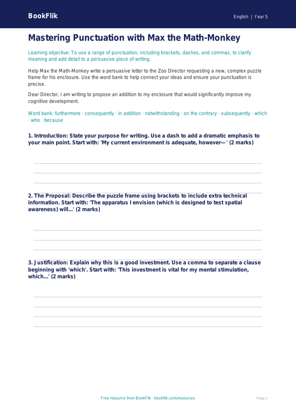 Free Punctuation Writing Frame | Grade 4 | ELA | BookFlik worksheet preview — English Punctuation