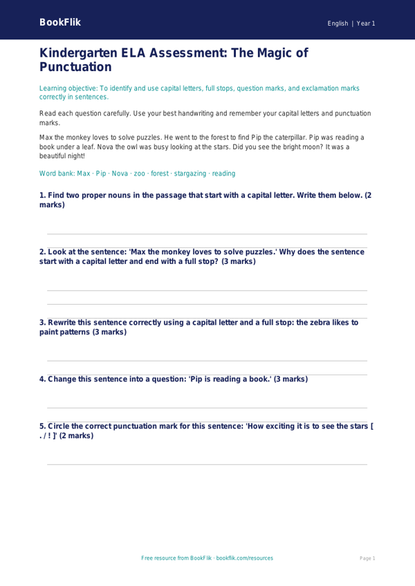 Free Punctuation Assessment | Kindergarten | ELA | BookFlik worksheet preview — English Punctuation