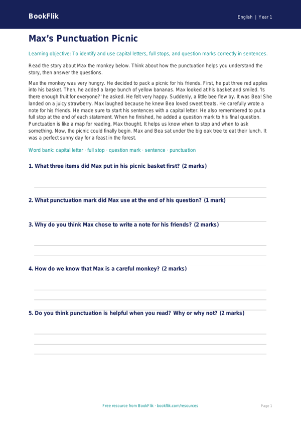 Free Punctuation Comprehension | Kindergarten | ELA | BookFlik worksheet preview — English Punctuation