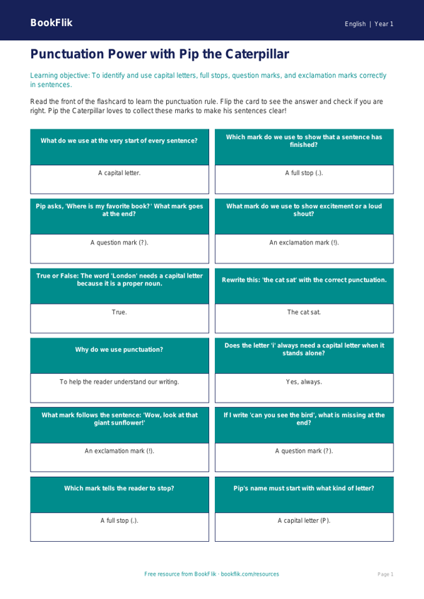 Free Punctuation Flashcards | Kindergarten | ELA | BookFlik worksheet preview — English Punctuation