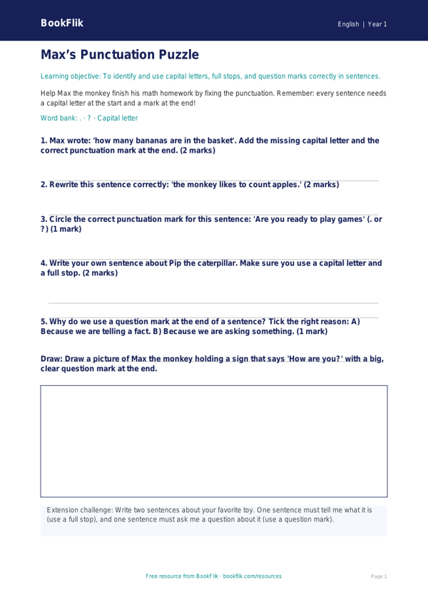 Free Punctuation Worksheet | Kindergarten | ELA | BookFlik worksheet preview — English Punctuation