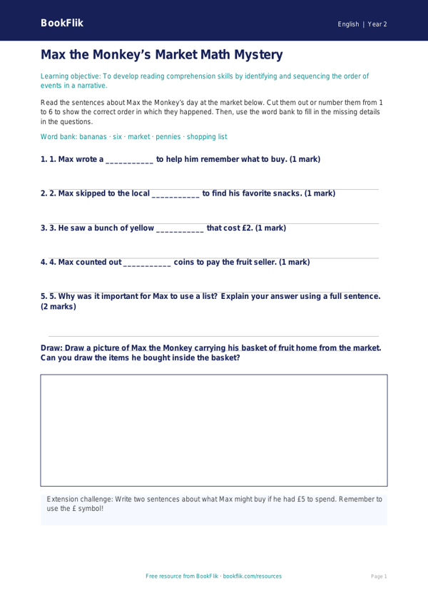 Free Reading Comprehension Activity Sheet | Grade 1 | ELA | BookFlik worksheet preview — English Reading Comprehension