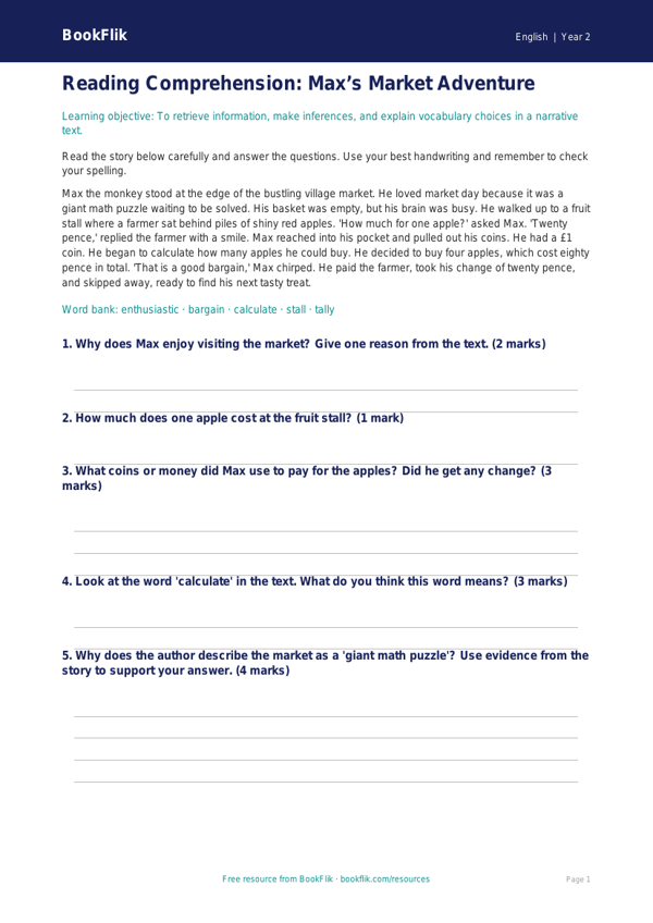 Free Reading Comprehension Assessment | Grade 1 | ELA | BookFlik worksheet preview — English Reading Comprehension