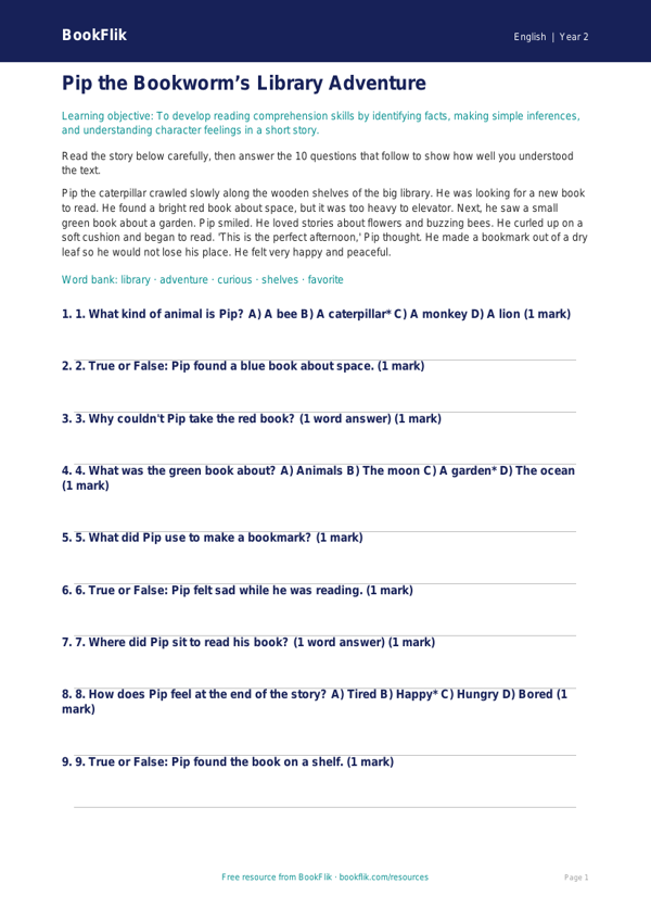 Free Reading Comprehension Quiz | Grade 1 | ELA | BookFlik worksheet preview — English Reading Comprehension