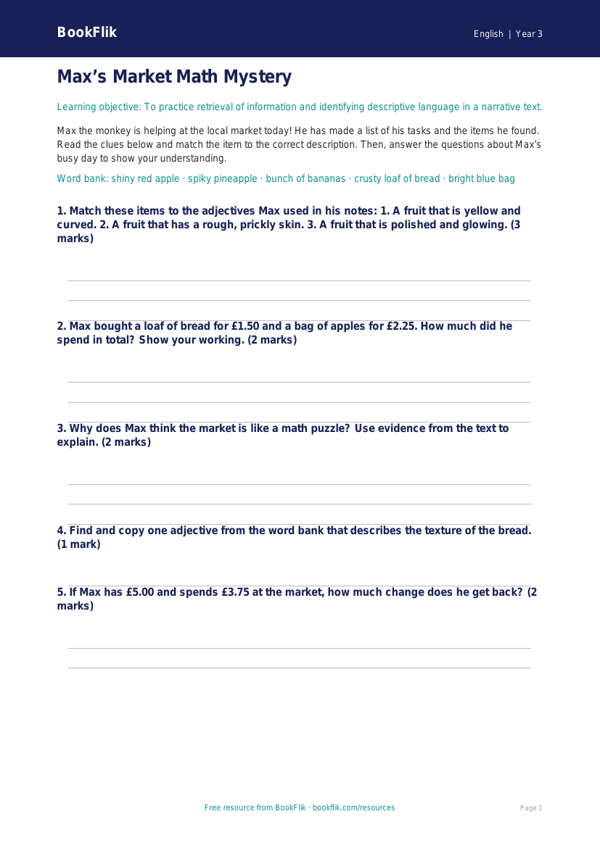 Free Reading Comprehension Activity Sheet | Grade 2 | ELA | BookFlik worksheet preview — English Reading Comprehension