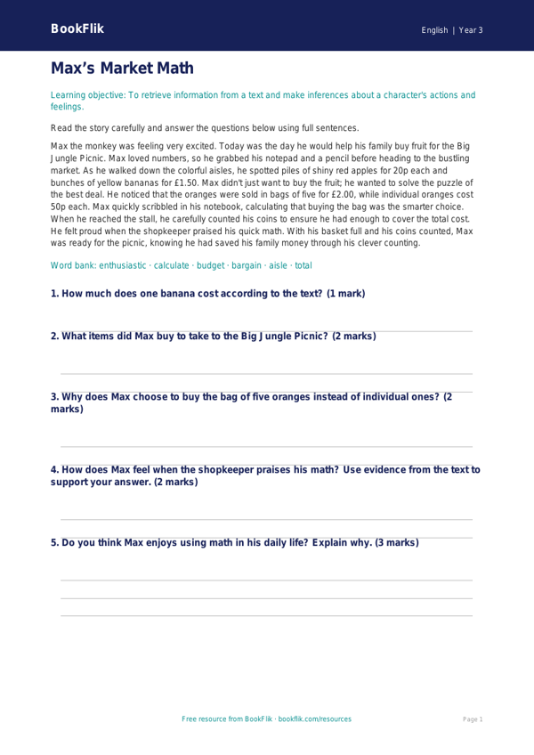 Free Reading Comprehension Worksheets | Grade 2 | ELA | BookFlik worksheet preview — English Reading Comprehension