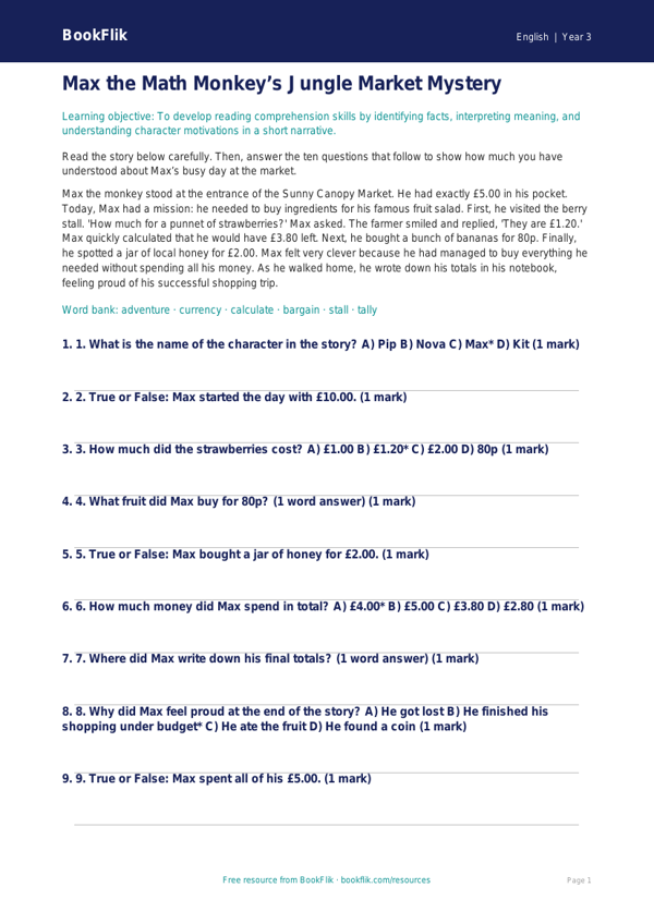 Free Reading Comprehension Quiz | Grade 2 | ELA | BookFlik worksheet preview — English Reading Comprehension