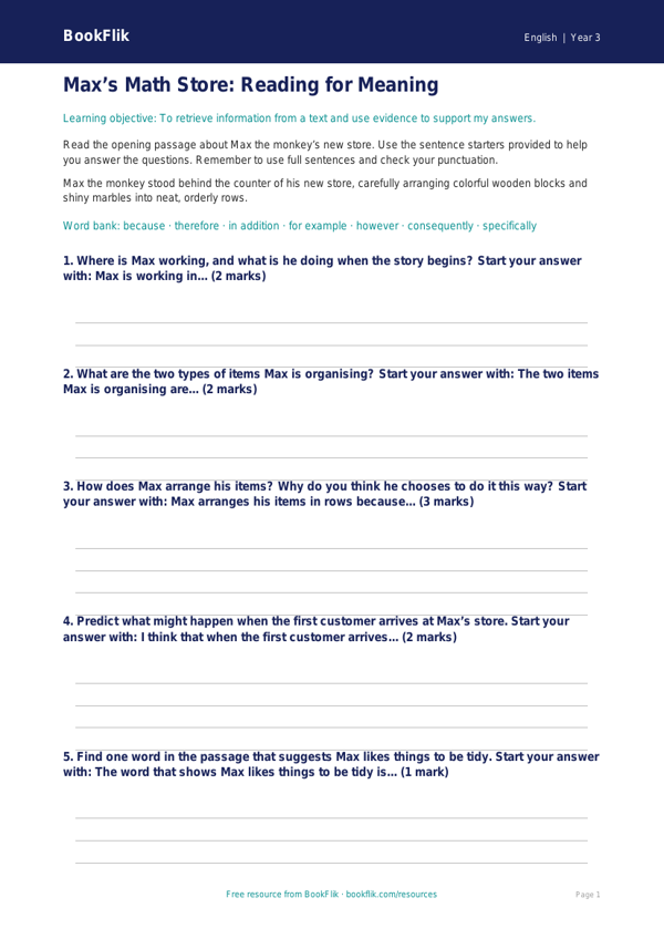 Free Reading Comprehension Writing Frame | Grade 2 | ELA | BookFlik worksheet preview — English Reading Comprehension