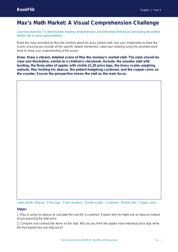 Free Reading Comprehension Drawing Sheet | Grade 3 | ELA | BookFlik worksheet preview — English Reading Comprehension