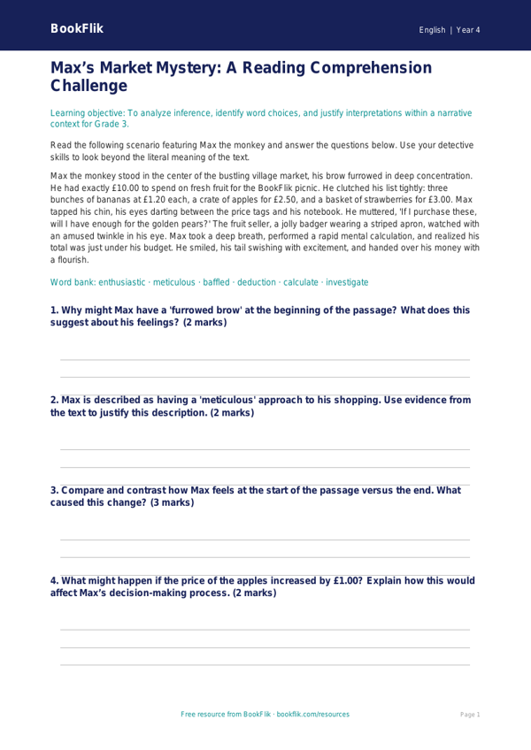 ELA reading comprehension worksheet grade 3 greater depth worksheet preview — English Reading Comprehension