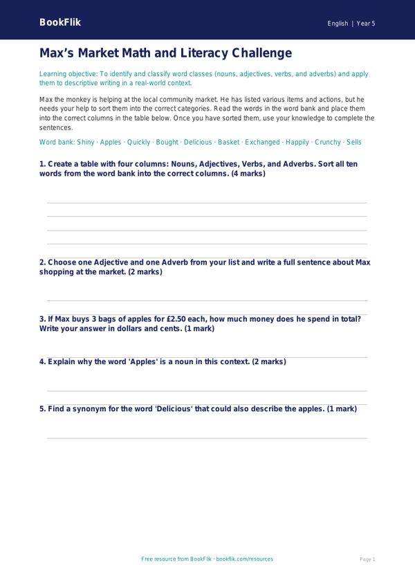 Free Reading Comprehension Activity Sheet | Grade 4 | ELA | BookFlik worksheet preview — English Reading Comprehension