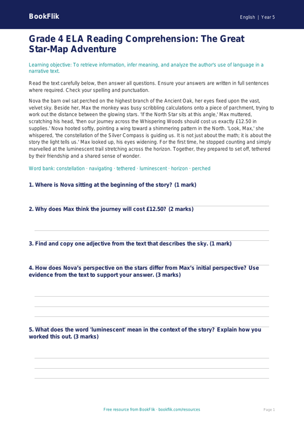 Free Reading Comprehension Assessment | Grade 4 | ELA | BookFlik worksheet preview — English Reading Comprehension