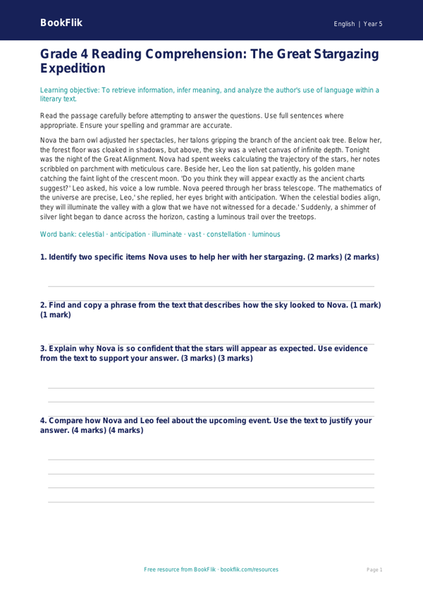 Free Reading Comprehension Assessment | Grade 4 | ELA | BookFlik worksheet preview — English Reading Comprehension