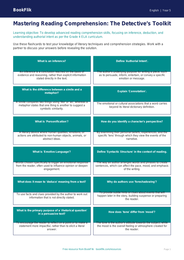 Free Reading Comprehension Flashcards | Grade 4 | ELA | BookFlik worksheet preview — English Reading Comprehension
