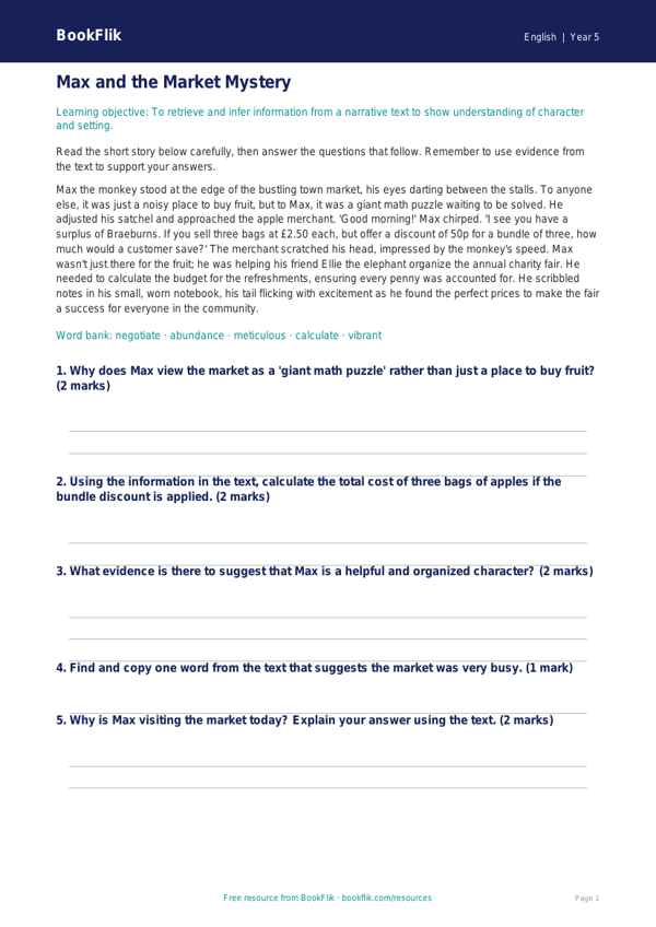 Free Reading Comprehension Track Sheet | Grade 4 | ELA | BookFlik worksheet preview — English Reading Comprehension