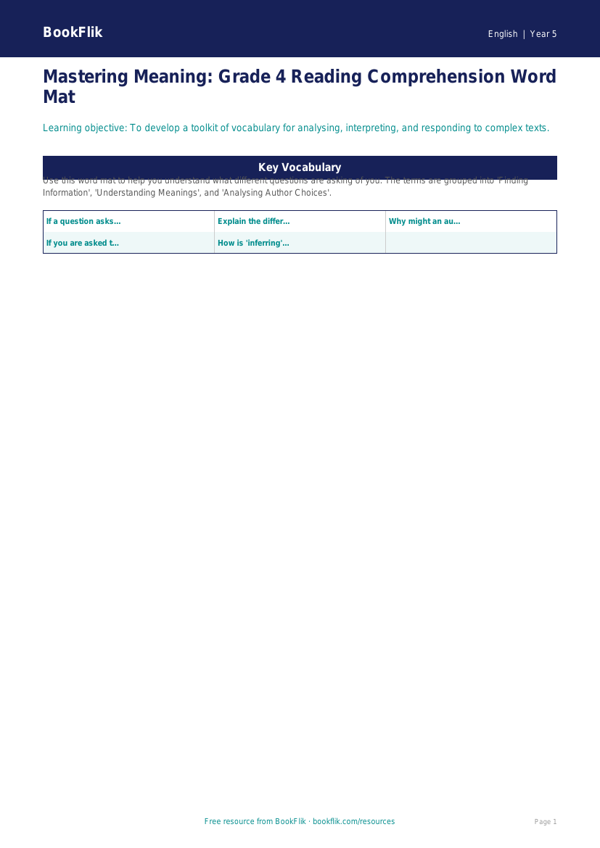 Free Reading Comprehension Word Mat | Grade 4 | ELA | BookFlik worksheet preview — English Reading Comprehension