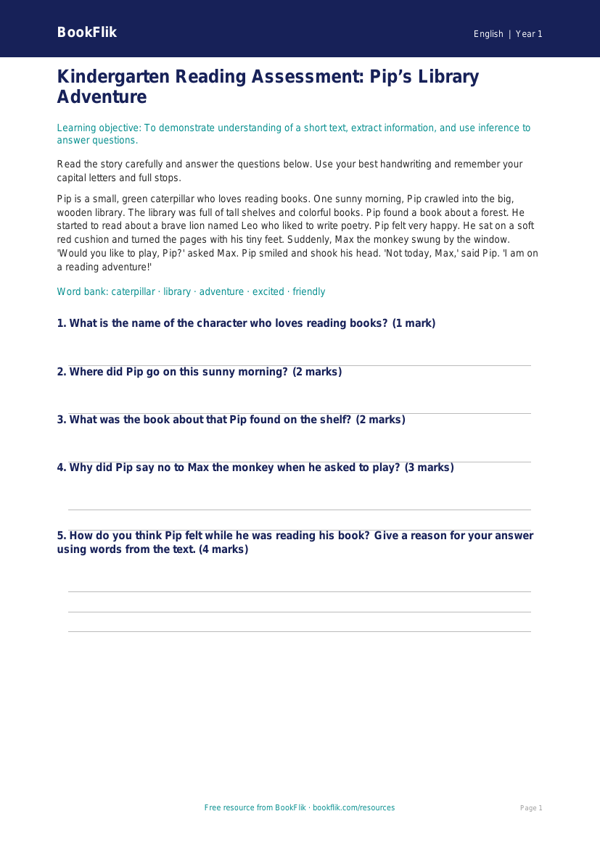 Free Reading Comprehension Assessment | Kindergarten | ELA | BookFlik worksheet preview — English Reading Comprehension