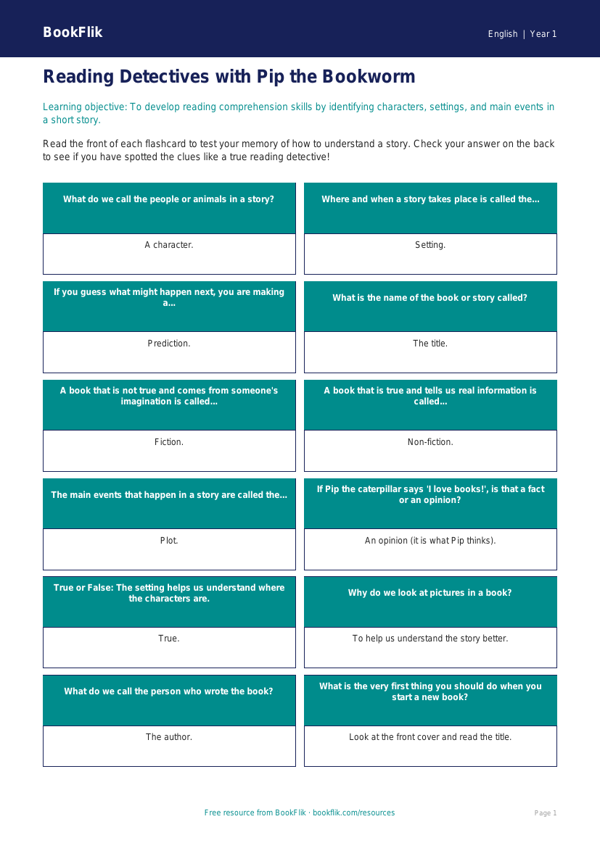 Free Reading Comprehension Flashcards | Kindergarten | ELA | BookFlik worksheet preview — English Reading Comprehension