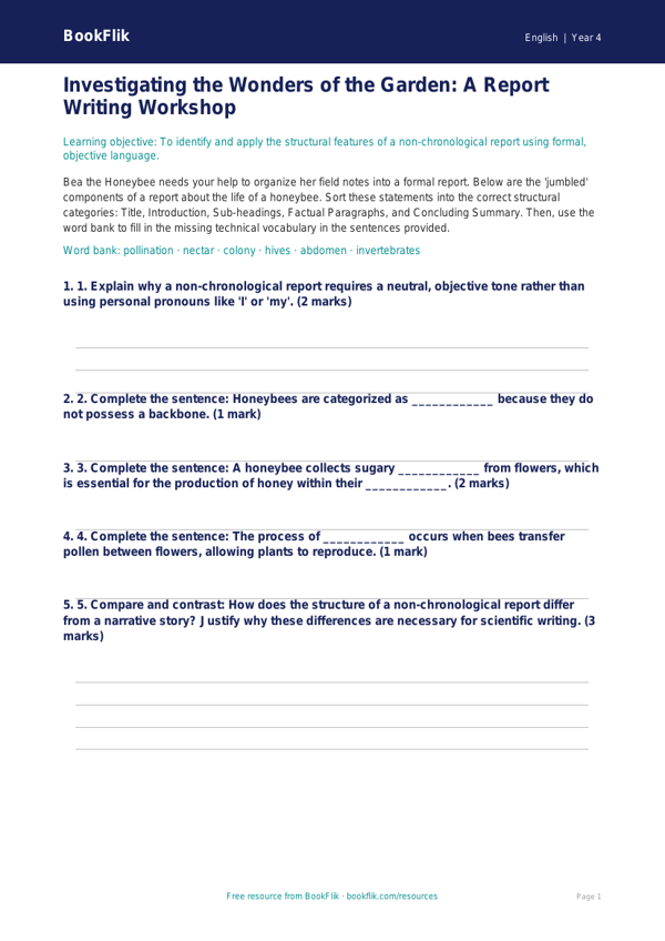Free Report Writing Activity Sheet | Grade 3 | ELA | BookFlik worksheet preview — English Report Writing