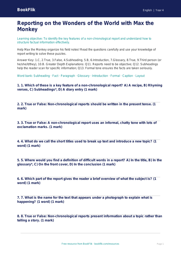 Free Report Writing Quiz | Grade 3 | ELA | BookFlik worksheet preview — English Report Writing