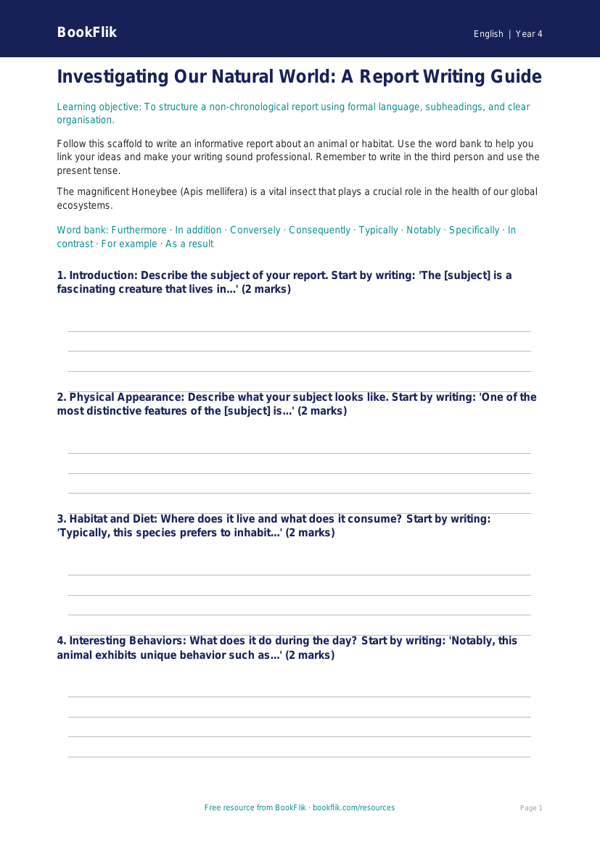 Free Report Writing Writing Frame | Grade 3 | ELA | BookFlik worksheet preview — English Report Writing