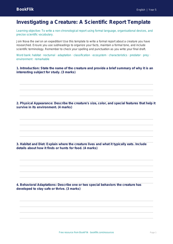 Free Report Writing Template | Grade 4 | ELA | BookFlik worksheet preview — English Report Writing