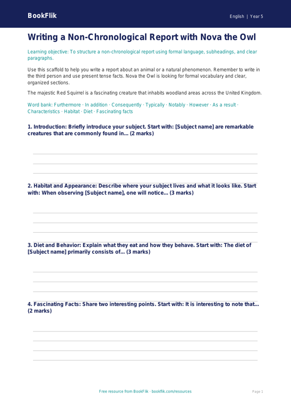 Free Report Writing Writing Frame | Grade 4 | ELA | BookFlik worksheet preview — English Report Writing