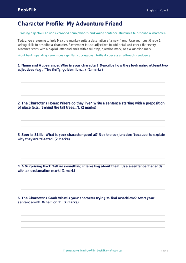 Free Sentence Structure Template | Grade 1 | ELA | BookFlik worksheet preview — English Sentence Structure