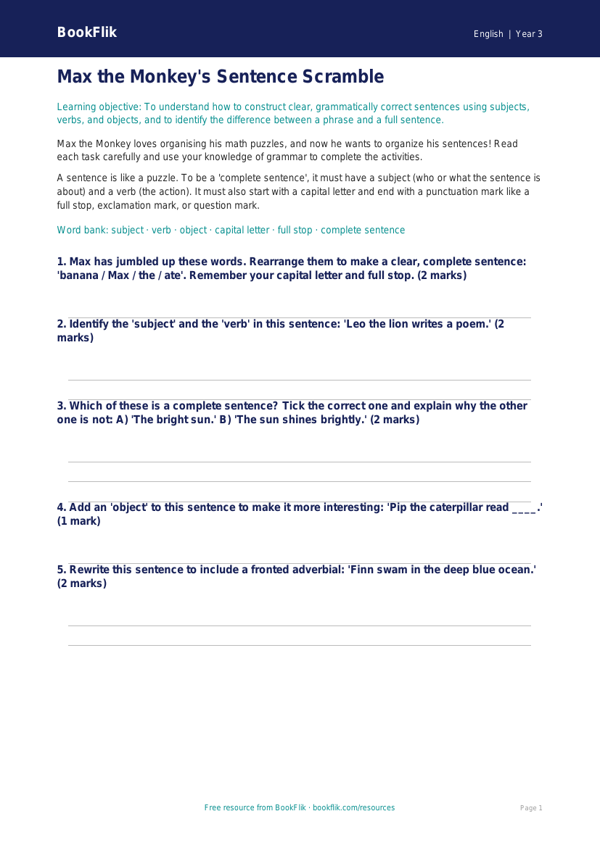 Free Sentence Structure Worksheet | Grade 2 | ELA | BookFlik worksheet preview — English Sentence Structure